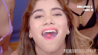 Marina Gold Chokes On A Massive Cum Load In A Group Sex Session
