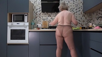 Curvy Wife In Nylon Pantyhose Serves Breakfast While Flaunting Her Assets